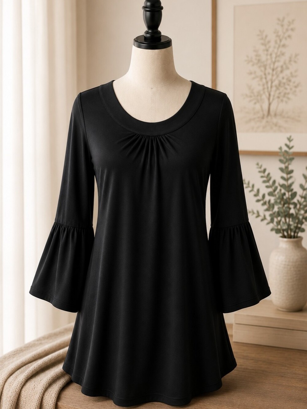 White House Black Market Black Bell Sleeve Gathered Neckline Tunic Dress Size S